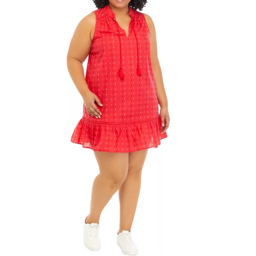 Crown & Ivy Red Embroidered Sleeveless Ruffle Hem Tassel Shift Dress 2X
